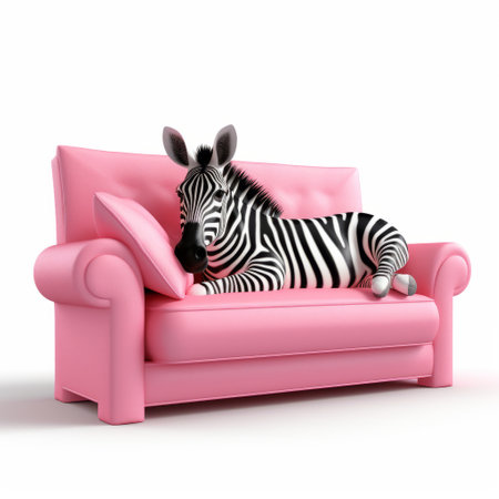 zebra lounging on a vibrant pink couch in a whimsical interior design setting, featuring a cartoonish humor style. this photorealistic rendering, created using zbrush, showcases the zebra's relaxed posture and adds a playful touch to any space. ai generatedの素材