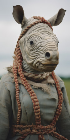 manhunter figurine portrait with rope, capturing the essence of traditional british landscapes. this stunning photograph, taken with a ricoh gr iii and tokina at-x 11-16mm f/2.8 pro dx ii lens, showcases an intriguing blend of alien worlds and the beauty of the southern countryside. the depiction of animals on an unprimed canvas adds an artistic touch to this captivating image. ai generatedの素材