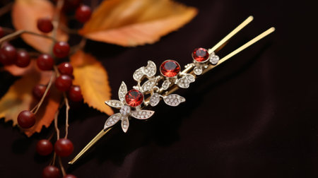 the pearl and ruby hairpin, designed by henrietta rose, showcases a stunning combination of light gold and dark amber. captured with the tokina opera 50mm f1.4 ff lens, this high-quality photo beautifully highlights the classical motifs and themes, as well as the art deco elegance of the hairpin. crafted with imitated materials, this accessory exudes a sense of sophistication and is reminiscent of the workの素材
