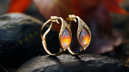 opal hoop earrings adorned with a delicate lace of stones, captured in a mesmerizing still life composition. the dramatic lighting enhances the light gold and orange hues, creating captivating colorscapes. this high-quality photo, influenced by ancient chinese art, showcases the intricate details of the earrings. shot with a fujifilm natura 1600, the uhd image beautifully captures the beauty and elegance of these opulent earrings. aiの素材