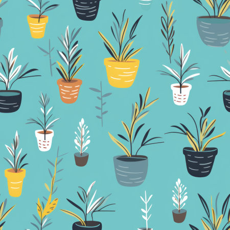 seamless pattern featuring small potted plants on a blue background. this minimalist design, inspired by the teal and amber color palette, showcases naturecore elements. created with free brushwork, the pattern exhibits detailed patterns and a distinctive character design influenced by desmond morris. ai generatedの素材