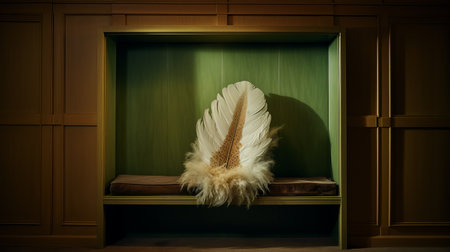 a large brown feather is placed inside a dark brown cupboard, creating a visually striking contrast. the photograph is constructed in the style of light white and green, giving it a unique aesthetic. symbolic objects, such as the feather, are featured, evoking a sense of native american culture. the image is colorized, adding depth and vibrancy. ai generatedの素材
