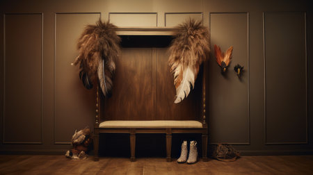 an empty hallway featuring a wooden bench and a stuffed teddy bear. the hallway is designed in a unique style, reminiscent of feathers, with a blend of masculine and feminine elements. it showcases intricate hunting scenes, confessional vibes, fine feather details, and indigenous motifs, all inspired by danish design. ai generatedの素材