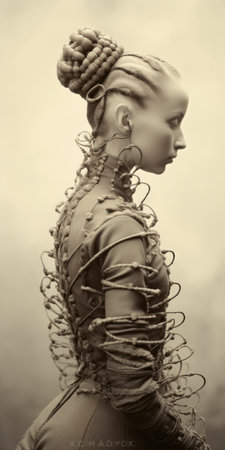 a woman, adorned in exquisite clothing, is captured in a portrait. she is surrounded by intricate wires, creating a fusion of futuristic victorian and robotic motifs. the image showcases sculpted forms and organic shapes, enhanced by solarization. muted tones add depth to the overall composition, highlighting the meticulous attention to detail in the woman's attire. ai generatedの素材
