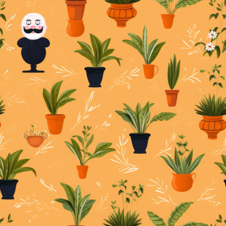 a seamless pattern featuring vibrant green plants and animals on a striking orange background. inspired by the artistic style of chen zhen, the caricature-like illustrations bring a playful touch. the combination of light orange and dark black creates a visually captivating contrast. this colorful garden pattern, reminiscent of the works of george ault and sergio larrain, is presented in high resolution. ai generatedの素材