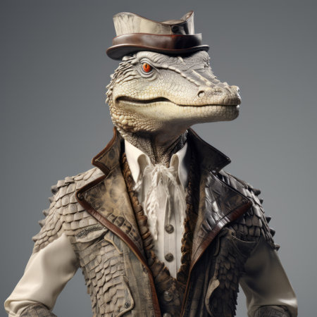 a man wearing an elaborate suit and hat poses with an alligator in this zbrush-inspired photo. the image showcases the unique artistic style of aquirax uno, featuring life-like avian illustrations and a charming mashup of anglocore, science fiction influences, and various artistic styles. ai generatedの素材