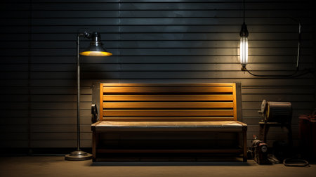 the wood bench in this photo showcases a realistic chiaroscuro lighting style, with a modern urban feel. the gray and amber tones create a high-key lighting effect, reminiscent of farm security administration aesthetics. the overall mood of the image is serene, enhanced by the carefully crafted mood lighting. ai generatedの素材