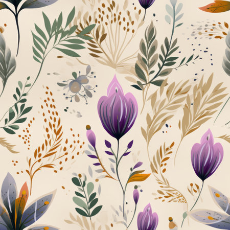 a seamless floral pattern featuring realistic details and lively nature scenes. the pattern is set on an ivory background and incorporates brushstroke fields in the style of light violet and dark amber. it combines contemporary fairy tale elements with leaf patterns and cartoonish motifs. ai generatedの素材