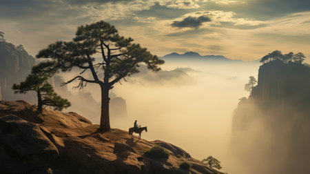 a man on a horse stands atop a mist-covered mountain, surrounded by pine trees in this dreamy landscape photo. the image captures the essence of traditional landscapes with its gongbi style and photo-realistic details. with a resolution of 32k uhd, it showcases the beauty of cowboy imagery merged with the tranquility of nature. ai generatedの素材