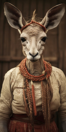 a girl with a large head adorned with horns and red braids, reminiscent of dogon art, is captured in this photorealistic still life photograph. the national geographic photo showcases exquisite clothing details in dark beige and white. the baroque animals add a touch of rural america to the scene. ai generatedの素材