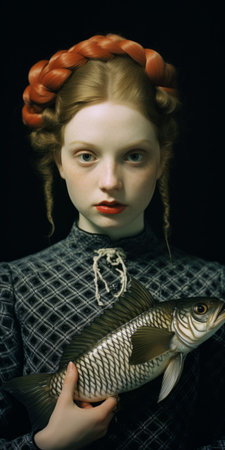 a young girl wearing a fish as an accessory is captured in this meticulously crafted photorealistic still life photograph. the dark, white, and red tones, reminiscent of baroque-inspired sculptures, enhance the photorealist details. shot with a mamiya 7 ii, the girl's captivating gaze and the realistic detail of the fish make this image truly captivating. ai generatedの素材