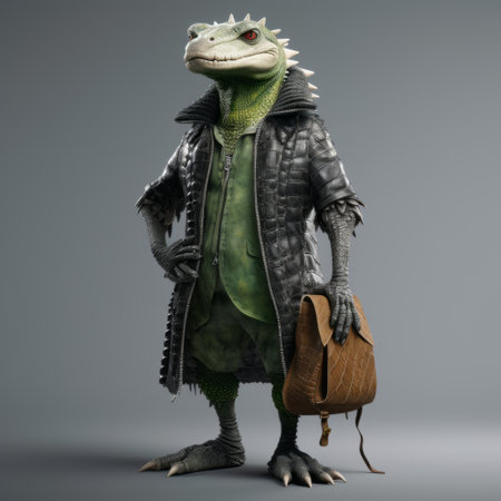 a 3d rendering of a lizard creature character, designed in a stylish costume with influences from dieselpunk, frostpunk, and the vancouver school. the image showcases the use of ray tracing technology to create sharp and prickly details, along with texture-rich layers for added depth and realism. ai generatedの素材