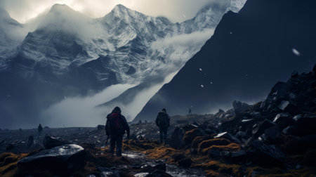 two people walking on a path with a majestic mountain in the background. this atmospheric and moody landscape, captured with the zeiss milvus 25mm f/1.4 lens, showcases the essence of nature. inspired by frostpunk and himalayan art, this image evokes a sense of adventure and dynamism, perfect for scoutcore enthusiasts and lovers of dynamic and action-packed scenes. ai generatedの素材