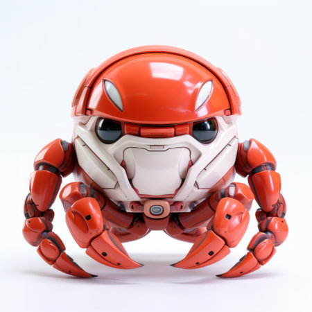 an orange shape featuring a hyperrealistic red toy robot, reminiscent of masamune shirow's style. the playful character design showcases a fusion of marine life and insect elements, with a light red and white color scheme. captured from a frontal perspective, this image exudes a unique and captivating aesthetic. ai generatedの素材