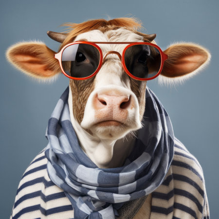 a cow wearing sunglasses and a striped scarf on its face, exuding youthful energy and a normcore style reminiscent of mike campau's artwork. the photo captures the charm of the cow, with a light navy background, similar to the captivating characters in bill gekas' work. iso 200 ensures a clear and vibrant image. ai generatedの素材