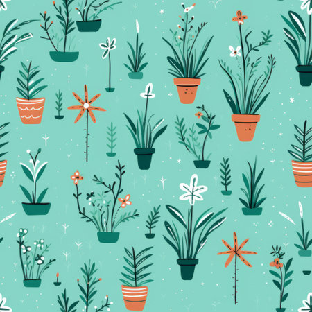 an intricate pattern of potted plants, flowers, and leaves in the garden. the style is a combination of light teal and dark sky-blue, with simple and colorful illustrations. the design also includes light orange and light emerald accents, creating a vibrant and lively atmosphere. the flat surfaces feature light green and white elements, while the cartoonish motifs are strategically placed, giving the pattern a sparseの素材