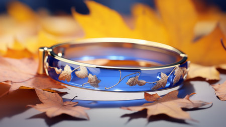 blue bangle with leaf motifs, rendered in cinema4d for a photorealistic effect. the bangle features a light silver and amber color palette, with chrome reflections adding depth. the design incorporates contrasting values and draws inspiration from traditional japanese artistic techniques. explore the detailed 3d model on sketchfab. ai generatedの素材