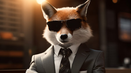 a fox, dressed in a suit and wearing sunglasses, poses for a vray tracing style portrait. this urban edge depiction of an animal combines elements of wealth and sophistication. the dark orange and white color scheme adds a touch of intrigue, while the paparazzi-style composition hints at hidden meanings within the portrait. ai generatedの素材