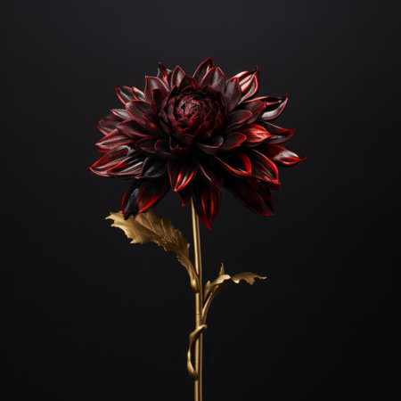 a black and gold set of dahlias created in photoshop by adriana mora. this conceptual sculpture showcases a dark red and light bronze color scheme, with meticulous attention to detail. the still life composition is reminiscent of mote kei style, and the image is in ultra-high definition, emphasizing the dark proportions and enamel-like finish. ai generatedの素材