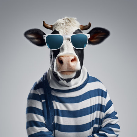 a cow wearing sunglasses stands confidently against a gray background, showcasing the artistic style of mike campau. this unique image captures the essence of normcore and draws inspiration from artists like justin bua and amedee ozenfant. with a touch of solarizing mastery, this striped cow photo is a visual delight, shot at iso 200. ai generatedの素材