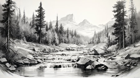 a black and white mountain landscape art by dax paxson, featuring hyper-realistic water and flowing brushwork. this piece showcases elements of classical realism, environmental portraiture, and realistic rendering. the referential painting captures a romanticized depiction of wilderness. ai generatedの素材