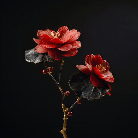 a photo of delicate red flowers in bloom, captured by walter simons in a chinese garden. this digital painting, in the style of dark gray and bronze, showcases the intricate details of the flowers. the composition is simple yet elegant, resembling delicate sculptures. the image, taken with a tokina opera 50mm f14 ff lens, is a high-resolution uhd photograph that beautifully captures the naturalistic andの素材