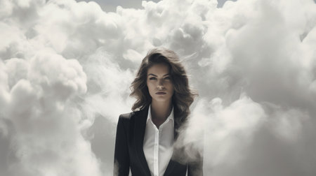 a business woman is captured in the clouds, surrounded by a smokey background. the photo, taken by marcin sobas, showcases intense expressions and utilizes the illusory images and photo-realistic techniques of maximilian pirner. the light and dark contrast of the image creates a captivating visual effect. ai generatedの素材
