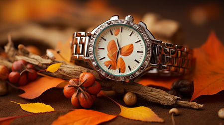 the watch is placed on a bed of autumn leaves, showcasing a stunning combination of light orange and silver. this stylized glamour photo captures the essence of realistic still lifes with dramatic lighting, highlighting the beautiful shades of orange and brown. with a touch of quirky elegance, it embodies the art of collecting and modes of display. ai generatedの素材
