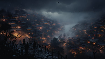 a rain storm looms over a city, showcasing orient-inspired architecture and lush trees. this captivating photo, captured in the style of vray by the talented michael shainblum, features detailed crowd scenes and historical imagery. reminiscent of fujishima takeji's work, the image also carries a touch of nightmarish imagery, creating a mesmerizing visual experience. ai generatedの素材