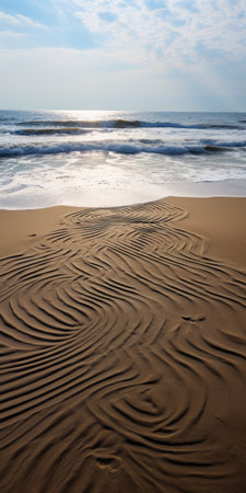 a stunning national geographic photo capturing the beauty of a beach with water-deposited sand. the image showcases traditional oceanic art style with backlighting, striped arrangements, and spontaneous mark making. the photographer's exacting precision and the influence of transavanguardia movement are evident in this mesmerizing composition. ai generatedの素材