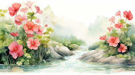 drawing of poppies flowing river with waterfall illustration, in the style of gu hongzhong. delicate flowers and soft shading create a mesmerizing scene. this uhd image showcases the vibrant colors of pink and green, expertly brought to life by the aquarellist zhichao cai. ai generatedの素材
