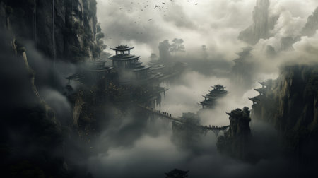 a chinese temple emerges from the clouds, with a pair of birds gracefully soaring above. this stunning photograph, captured in the style of cryengine, showcases the captivating atmosphere of cityscapes. a high-quality national geographic photo, it highlights the terraced cityscapes and mountainous vistas in black and gray tones. ai generatedの素材