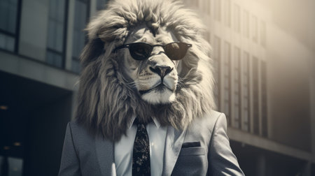 a lion, in the style of solarization effect, stands confidently in a city wearing a suit and tie. this corporate punk-inspired wildlife photography captures the lifelike figure of the lion, showcasing innovating techniques. the image exudes understated sophistication, merging the worlds of nature and urbanity in a unique catcore aesthetic. ai generatedの素材