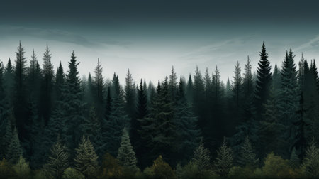 a forest wallpaper and wallpapers collection featuring dark teal and dark gray tones. these stunning images by anton semenov showcase uncanny valley realism, with isolated landscapes that create a sense of mystery. the panoramic views capture realistic landscapes with soft, tonal colors, reminiscent of bob ross's art. ai generatedの素材
