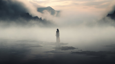 a woman gracefully stands on water amidst a foggy atmosphere, creating a dreamlike and haunting scene. this captivating image, with its mythology-inspired elements, showcases soothing landscapes in mesmerizing 8k resolution. the soft mist adds to the haunting elegance of the overall composition, making it a truly captivating visual experience. ai generatedの素材