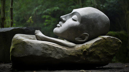 a stone statue with a large head, in the style of transcendental dreaming, stands in a slumped and draped position. this evocative environmental portrait captures the frontal perspective of the surrealist automaton. the chilling creature's blink-and-you-miss-it detail adds to its mystique. ai generatedの素材