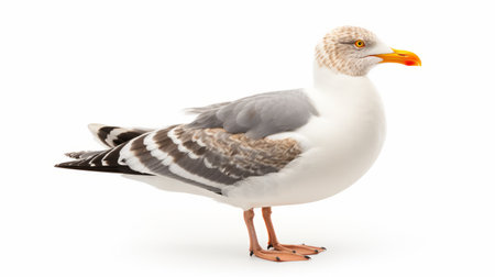 a seagull, in the style of bjarke ingels, stands on a white background. with gray and brown tones, it exudes a raw and confrontational vibe. the dappled feathers showcase explosive pigmentation, adding a touch of femininity to its overall appearance. ai generatedの素材