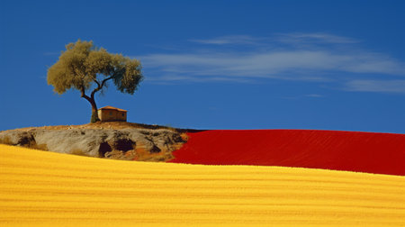 a tree stands tall near a vibrant field, showcasing a mix of yellow and red hues. this captivating photograph captures the essence of bauhaus photography, reminiscent of the spanish enlightenment era. with its spectacular backdrop and mesmerizing optical illusions, this national geographic photo transports viewers to a world of azure beauty. ai generatedの素材
