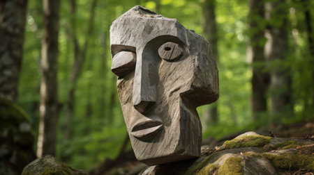 a wood sculpture of a man's face, intricately carved, is placed on rocks. the sculpture showcases a unique blend of playful cubism and elongated figures, creating a captivating composition. the depth of field adds a sense of depth and atmosphere to the woodland imagery. captured with a high-resolution wollensak 127mm f47 ektar lens, this eye-catching artwork is a testament to the artist's skill and creativity.の素材