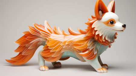an orange and white fox toy, reminiscent of the style of kim keever, is placed on a clean white background. the intricate lines and details of the toy bring to mind the artistic influences of gene luen yang and chuah thean teng. with its iridescence and opalescence, this multilayered fox toy exudes a sense of enchantment, almost resembling a mythical creature like a manticore. aiの素材