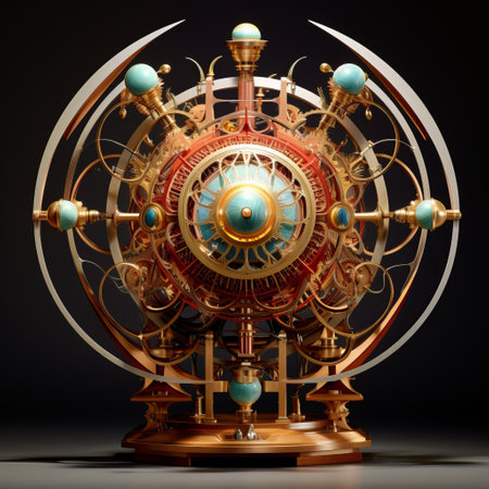 a wooden clock adorned with golden accents, showcasing a fantastical otherworldly design. its crimson and azure hues create a captivating visual contrast. the clock features spherical sculptures and incorporates elements of photobashing, traditional craftsmanship, and symmetrical harmony. robotic motifs add a touch of modernity to this unique timepiece. ai generatedの素材