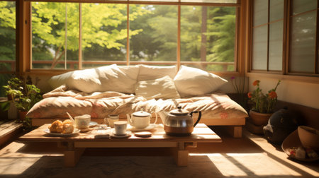 a large brown sunken couch, reminiscent of japanese folk art, is captured in a romantic soft focus and ethereal light. this kitchen still life showcases natural scenery with sun-kissed palettes, creating a cabincore ambiance. the combination of white and green adds a refreshing touch to the overall aesthetic. ai generatedの素材