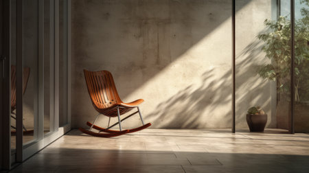 an outdoor rocking chair sits on a cement floor, showcasing the captivating interplay of light and shadow. inspired by the style of ray tracing, this image captures the essence of renowned artists like rhads and john wilhelm. the scene incorporates traditional japanese artistic techniques, creating a visually stunning composition reminiscent of the work by tumblewave. ai generatedの素材