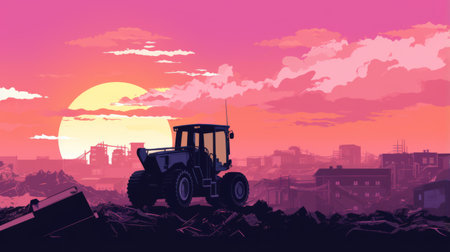 a post-apocalyptic cityscape with a car driving on a tractor is depicted in this 8k resolution illustration. created in the tonalist style by artist alena aenami, the artwork showcases realistic landscapes with soft edges. the image also incorporates pop art references and industrial elements, resulting in a captivating and unique composition. ai generatedの素材