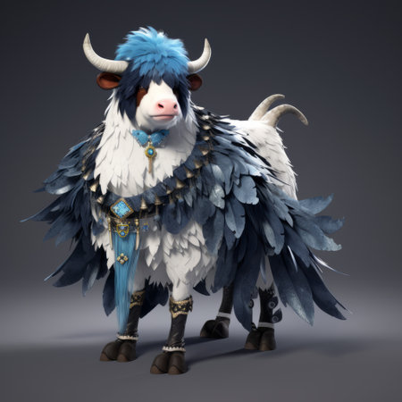a white goat with blue feathers and wings stands on a white background, resembling a charming character illustration. the goat's fanciful costume design is inspired by the western zhou dynasty, featuring dark cyan and indigo hues. rendered in the style of unreal engine, this unique artwork combines elements of germanic art and a touch of whimsy, as the goat appears to be made of cheese.の素材