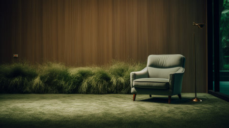 an empty room with green carpet and chairs, featuring a dark and moody vignette style. captured with fujifilm natura 1600, this photo showcases tranquil gardenscapes and minimalist backgrounds. the room's design draws inspiration from american mid-century aesthetics, while the high-resolution 8k image highlights the details of the leatherhide upholstery. ai generatedの素材