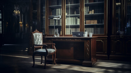 a stunning office furniture image showcasing atmospheric and moody lighting. captured with the tokina opera 50mm f/1.4 ff lens, this neoclassical-inspired photo exudes clarity and is presented in 32k uhd resolution. the composition highlights the use of common materials, resulting in a high-quality, old-timey aesthetic. ai generatedの素材
