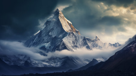 a majestic mountain rises in the background, enveloped by billowing clouds, reminiscent of epic fantasy scenes. this matte photo showcases the exquisite artistry of the himalayas, with a dramatic atmospheric perspective. the sharp edges and digital art techniques used in this image create a breathtakingly beautiful composition. ai generatedの素材