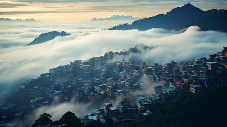 the mist gracefully hovers above the terraced cityscape, reminiscent of the captivating style of dansaekhwa. this national geographic photo showcases the ethereal atmosphere created by softbox lighting. the mountainous vistas add depth to the uhd image, while capturing a sense of suburban ennui. ai generatedの素材