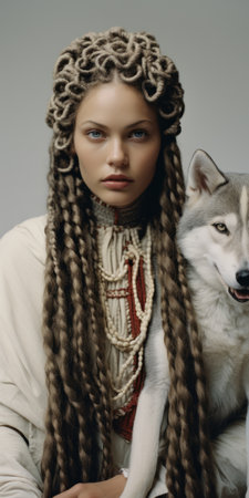 an afro girl wearing a boa hat holds a wolf in this high-quality, photorealistic detail photograph. the minimal retouching enhances the symmetrical harmony of the composition, reminiscent of early renaissance art. set against the backdrop of norwegian nature, this national geographic-worthy image captures the beauty and connection between the girl and the wolf. ai generatedの素材